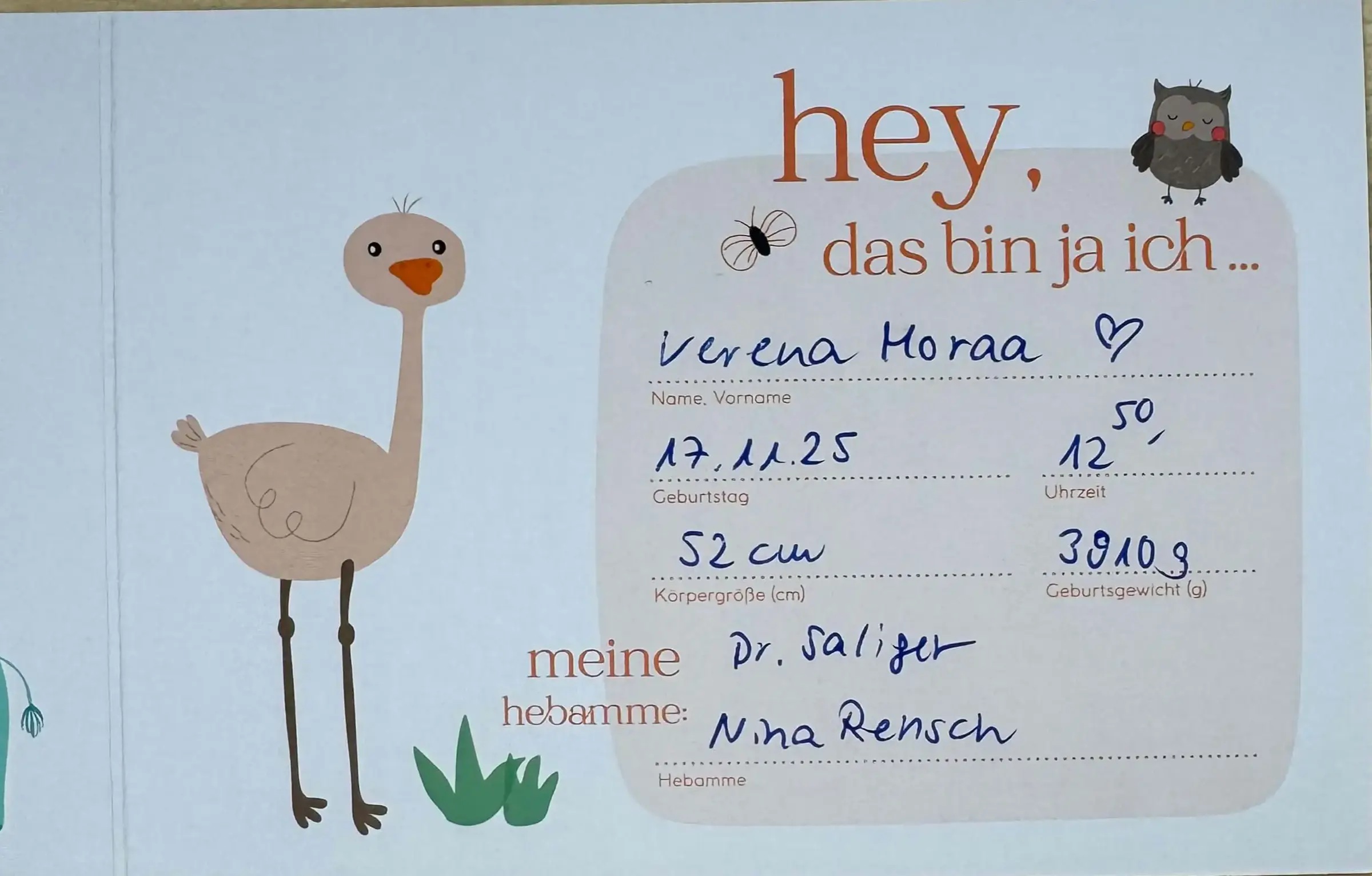 Birth announcement card for Verena Moraa